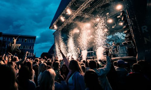 A large gathering of people enjoying a festive concert on a sunny day, their joy and delight illuminated by fireworks in the evening sky